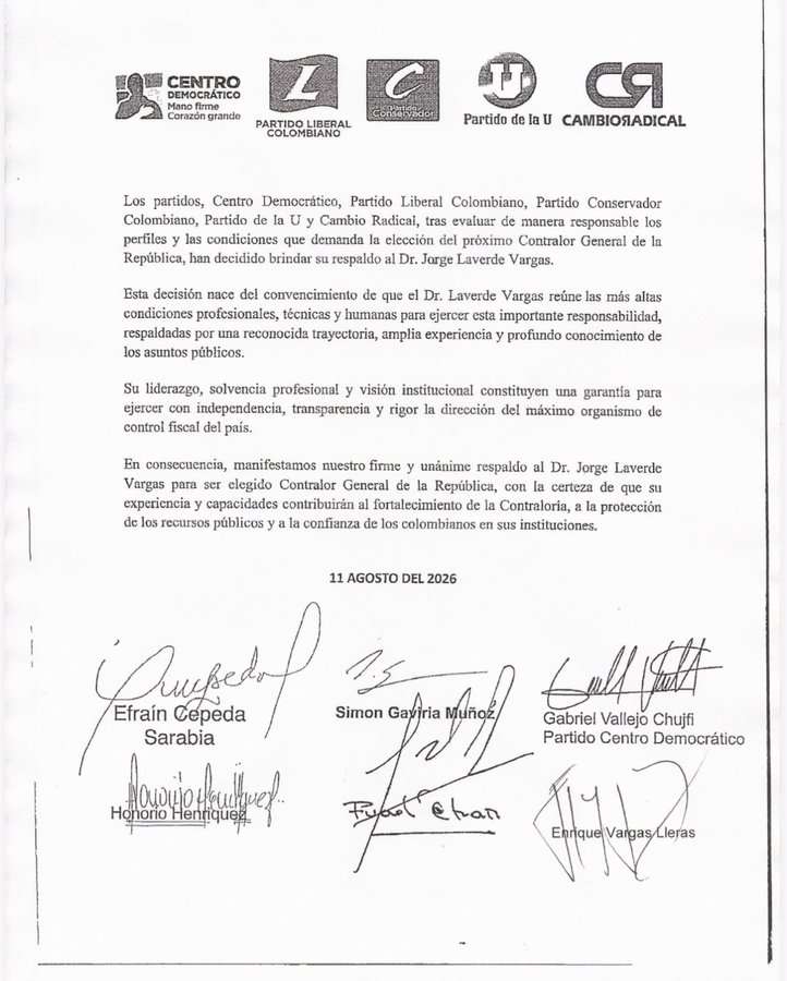 Carta de respaldo a Jorge Eliécer Laverde.