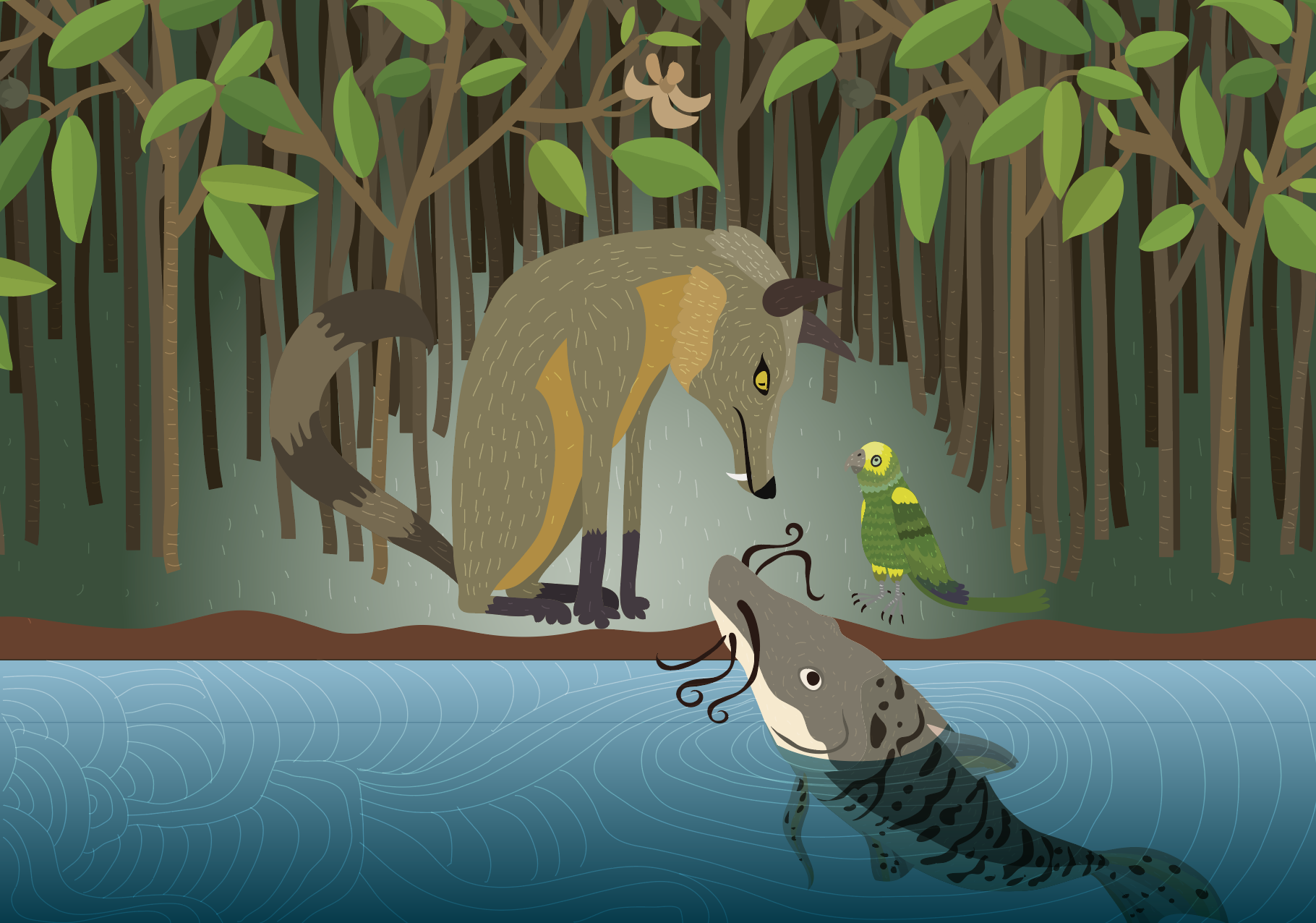 Ilustración de un río, un bagre, un loro y un zorro.