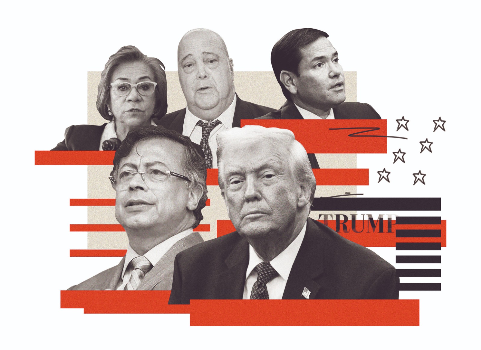 De abajo a arriba: los presidentes Gustavo Petro (Colombia) y Donald Trump (Estados Unidos); la canciller Rosa Villavicencio, el embajador Daniel García-Peña y el secretario de Estado, Marco Rubio.