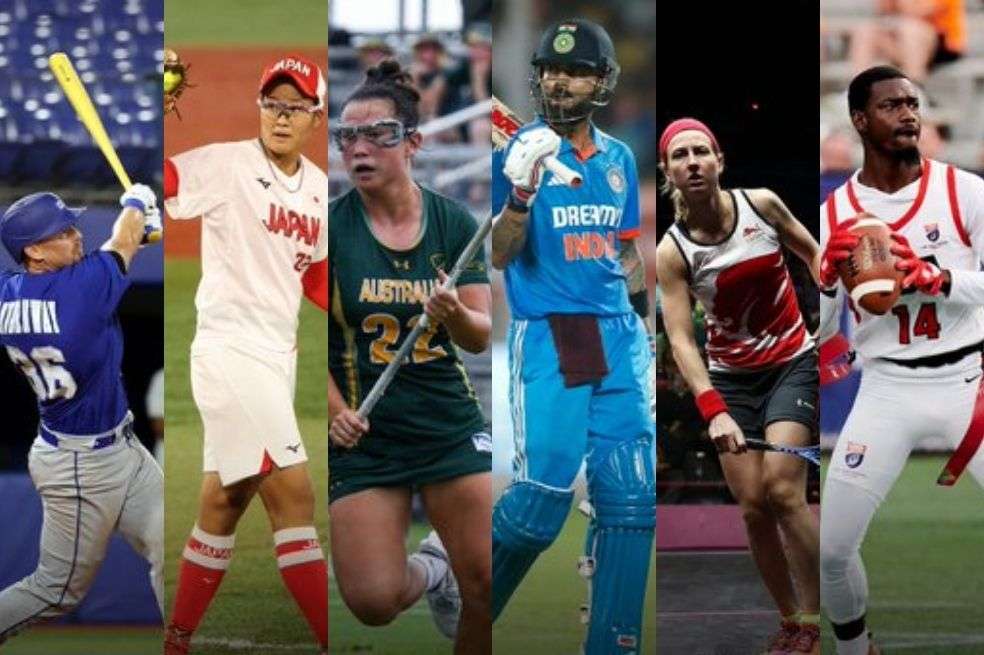 Los cinco nuevos deportes de los Olímpicos. De izquierda a derecha: béisbol/softbol, lacrosse (parecido al hockey sobre hierba, pero con unos palos que tienen una red en la punta), críquet, squash y el flag-football (una especie de fútbol americano sin contacto).