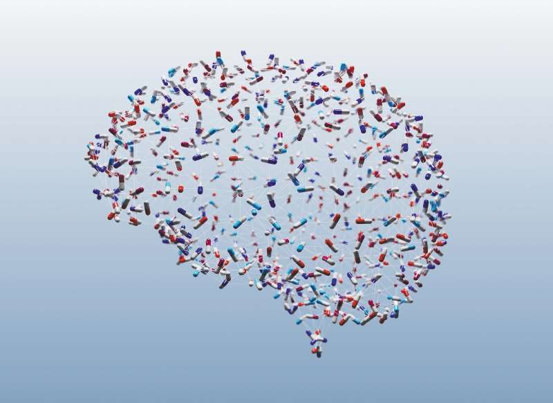 Side view of a 3D wireframe human brain shape with different pills connected by lines
