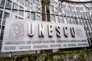 (FILES) This photograph shows the logo of the United Nations Educational, Scientific and Cultural Organisation (UNESCO) headquarters in Paris on January 17, 2025.