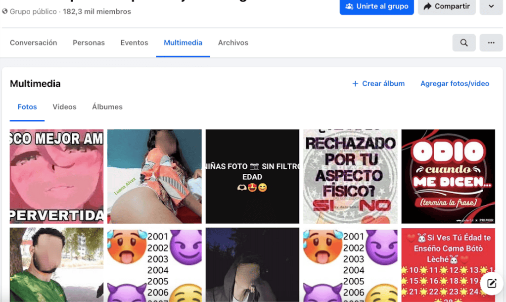 Capturas de pantallas de grupos de Facebook que estaban originalmente dedicados al cantante Xavi, a fondos de pantalla, a frases interesantes y a BTS, pero que ahora se dedican a difundir retos que buscan contenido sexual explícito.