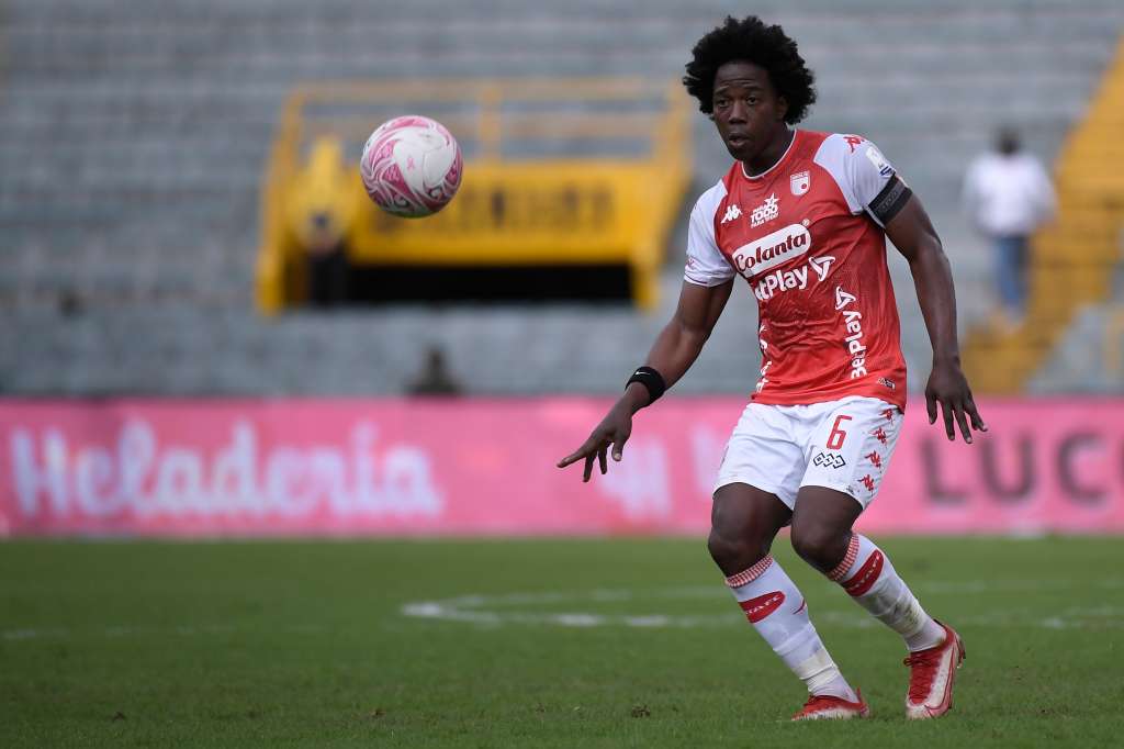 Futbolista colombiano, centrocampista de Santa Fe en el partido ante Once Caldas por la fecha veinte de la Liga Betplay 2022-II.