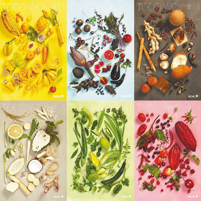 Las portadas de Wok muestran distintos ingredientes de temporada según distintos colores. /Fotografía: Lucho Mariño. Estilismo: Mariana Velásquez. Dirección creativa: Lucho Correa y Lucía de las Flores Trujillo para Lip.