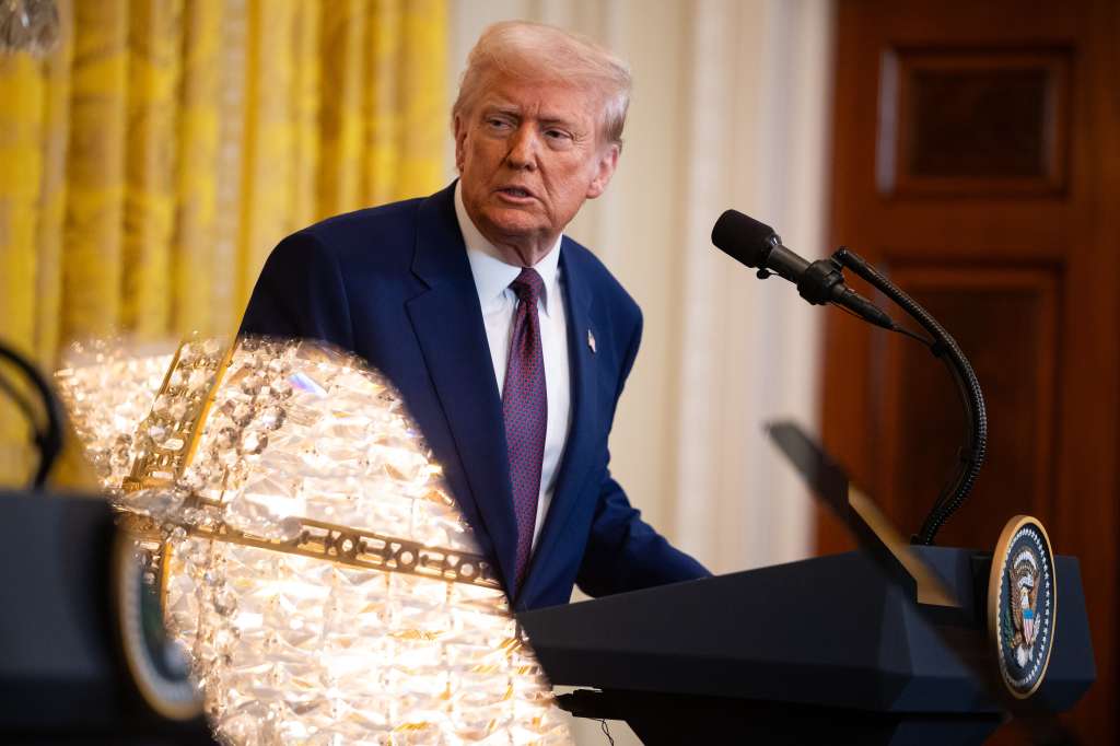 Washington (United States), 13/02/2025.- US President Donald Trump speaks during a press conference with India Prime Minister Narendra Modi (not pictured) in the East Room of the White House in Washington, DC, USA, 13 February 2025. EFE/EPA/FRANCIS CHUNG / POOL