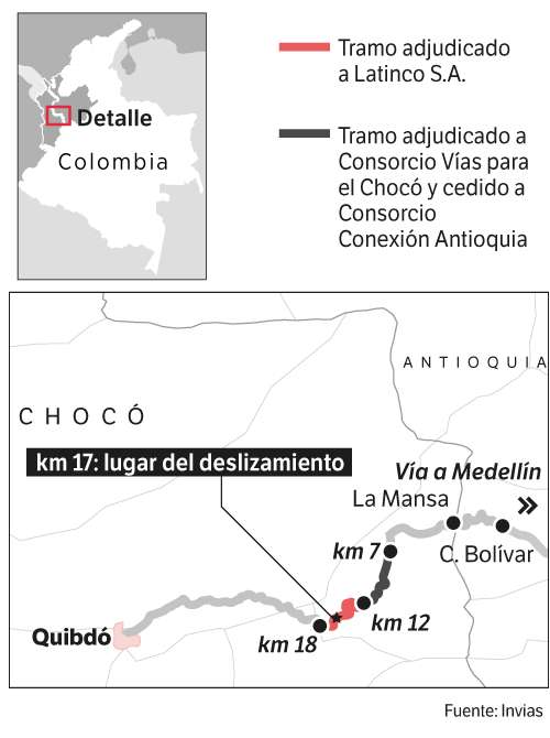 Ilustración de la vía Medellín - Quibdó y ubicación del deslizamiento