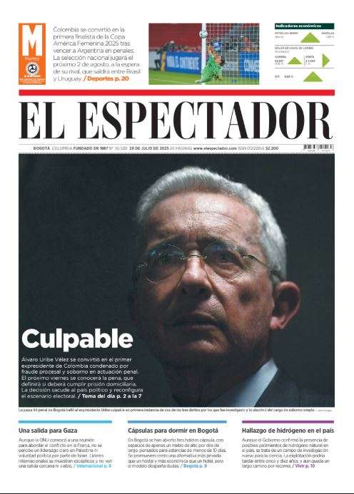 Portada de El Espectador en su edición del martes 28 de julio.