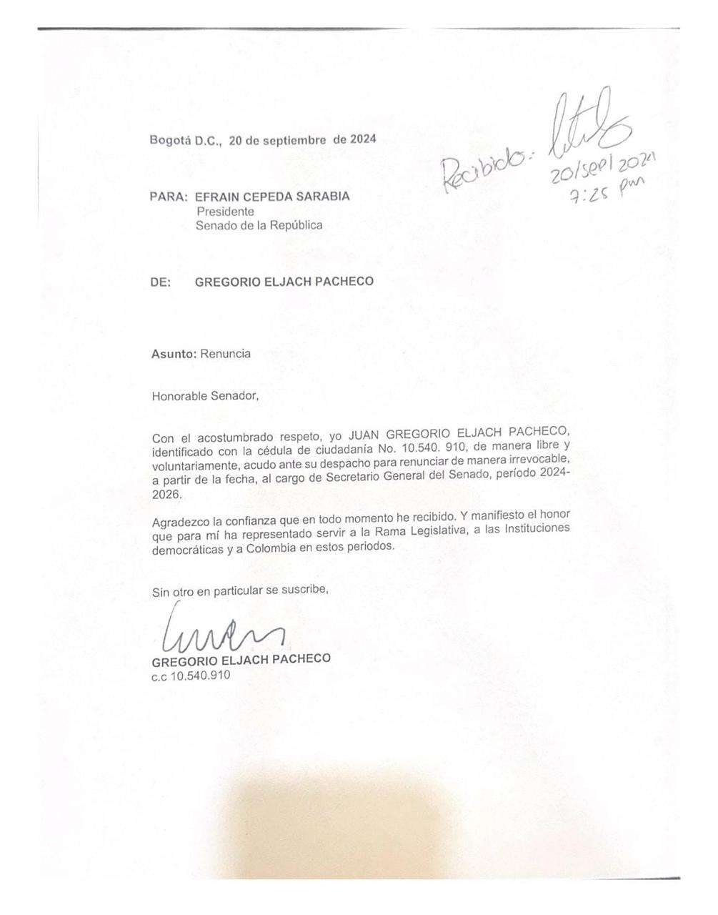Carta de renuncia de Gregorio Eljach a la Secretaría del Senado.