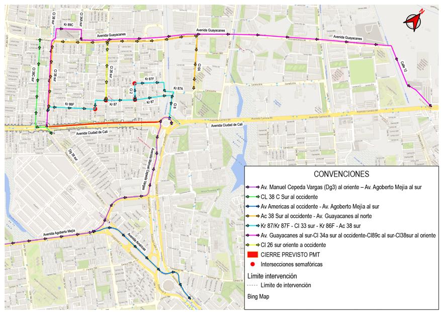 El cierre comprende la calzada mixta occidental, en sentido norte-sur, de la avenida Ciudad de Cali, entre la glorieta de la avenida Manuel Cepeda Vargas (avenida de Las Américas) y la calle 38 sur.