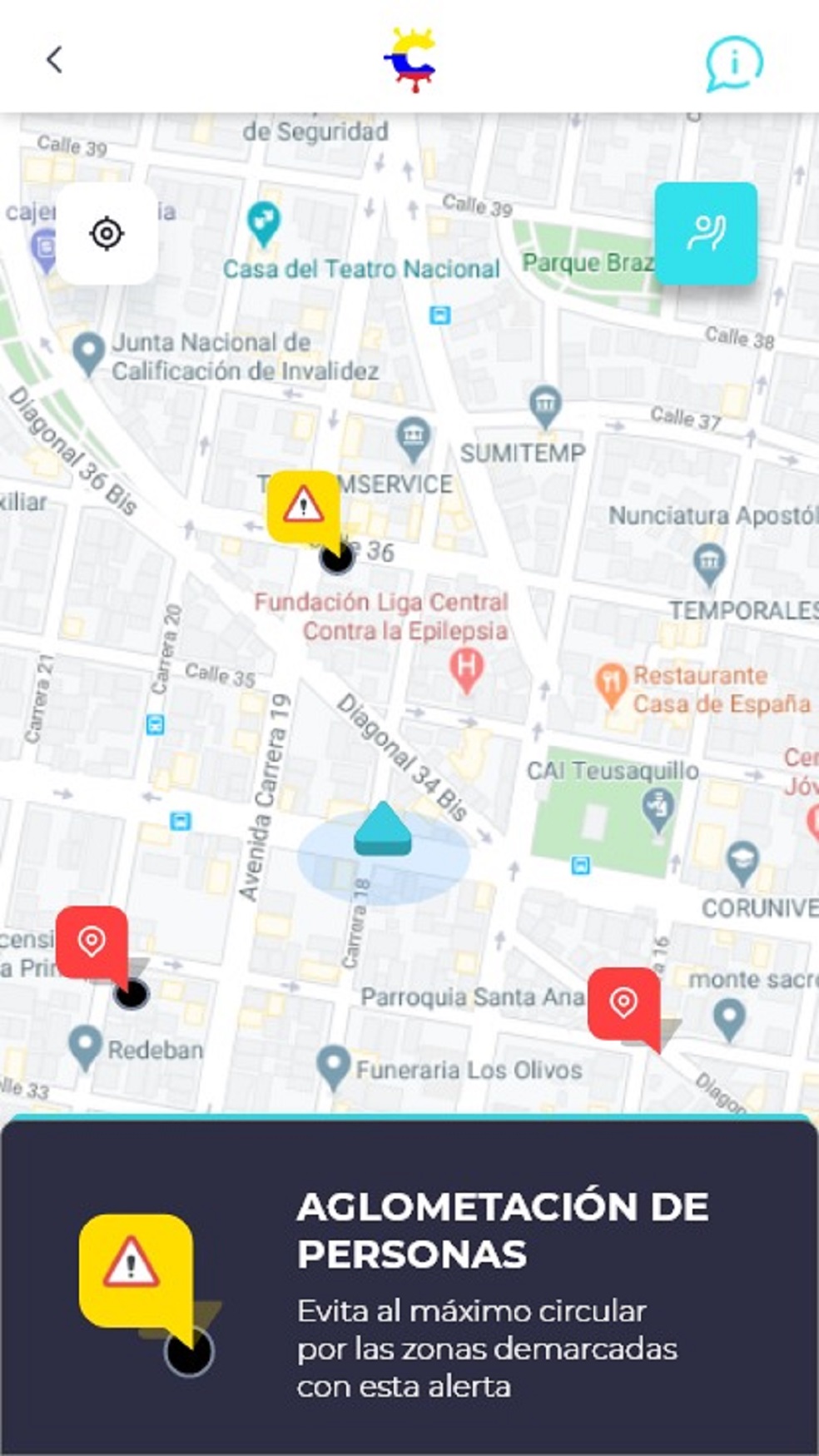 Al cruzar los datos, la app identifica los lugares donde estuvieron los posibles contagiados y los marca como puntos rojos, para alertar a otros usuarios. Este desarrollo también permite reportar aglomeraciones.