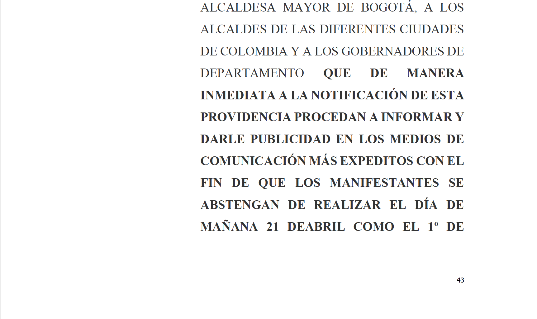 Medida cautelar de urgencia proferida por el Tribunal Administrativo de Cundinamarca.