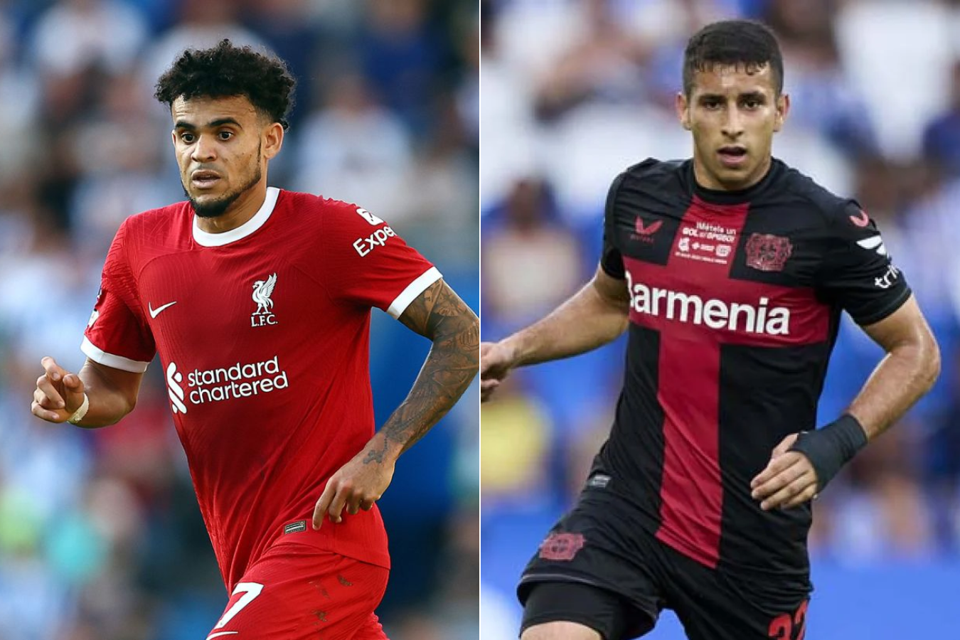 Los colombianos Luis Díaz (izq.) del Liverpool y Gustavo Puerta del Bayer Leverkusen se podrían encontrar en el partido de la Europa League.