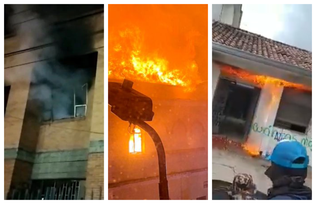 Palacio de Justicia de Facatativá (izquierda), Palacio de Justicia de Tuluá (centro) y URI de la Fiscalía de Popayán, todas en llamas por ataques en medio del Paro Nacional.
