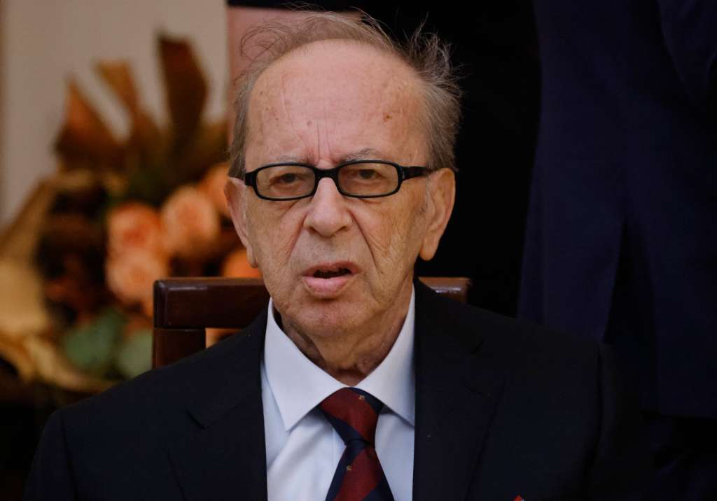 (FILES) Renowned Albanian writer Ismail Kadare listens to the French President's speech during a meeting at the Palace of Brigades in Tirana, on October 16, 2023.