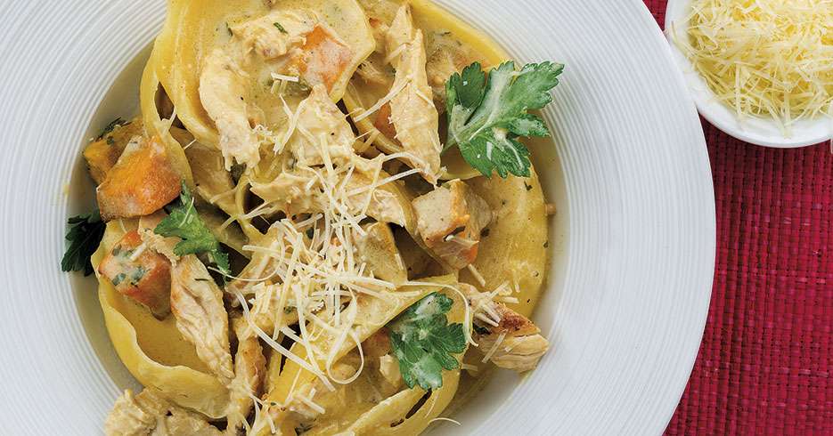Receta del día: Conchas con pollo desmechado y ahuyama al horno