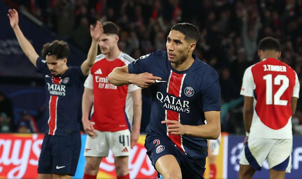 PARIS (France), 07/05/2025.- Achraf Hakimi of PSG celebrates after scoring his team's second goal during the UEFA Champions League semi-finals 2nd leg soccer match between Paris Saint-Germain and Arsenal FC, in Paris, France, 07 May 2025. (Liga de Campeones, Francia) EFE/EPA/MOHAMMED BADRA