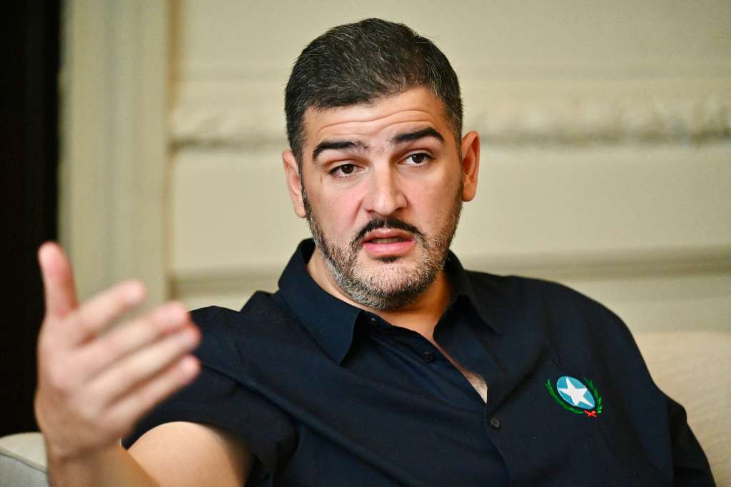 Guayaquil mayor Aquiles Alvarez speaks during an interview with AFP in Guayaquil, Ecuador on October 22, 2025.