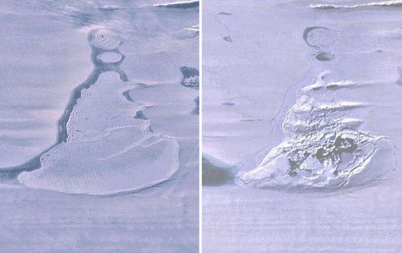 Imágenes de Landsat 8 que muestran el lago cubierto de hielo antes del drenaje y cómo quedó después.