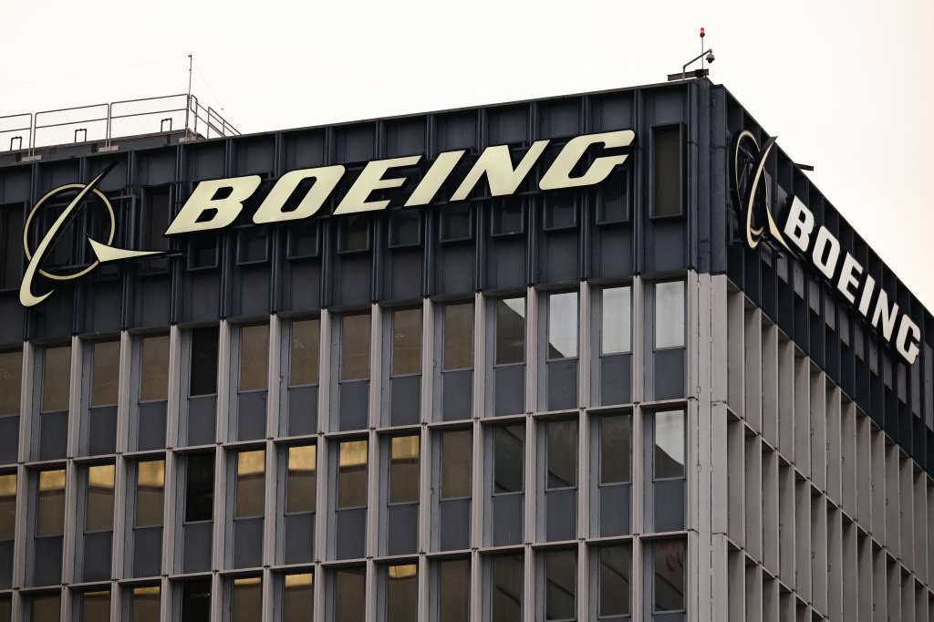 (FILES) The Boeing Co. logo is displayed outside of company offices near Los Angeles International Airport (LAX) in El Segundo, California on January 18, 2024.