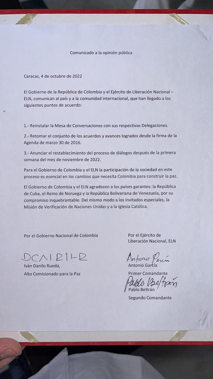 Comunicado entre el Gobierno y el Eln sobre la reanuduación de los diálogos de paz.