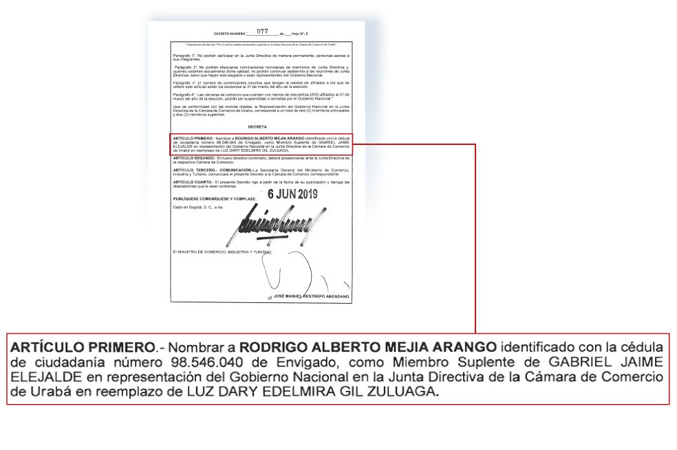 Decreto por medio del cual el gobierno del presidente Iván Duque nombró como suplente de la junta directiva de la Cámara de Comercio de Urabá a Rodrigo Alberto Mejía.