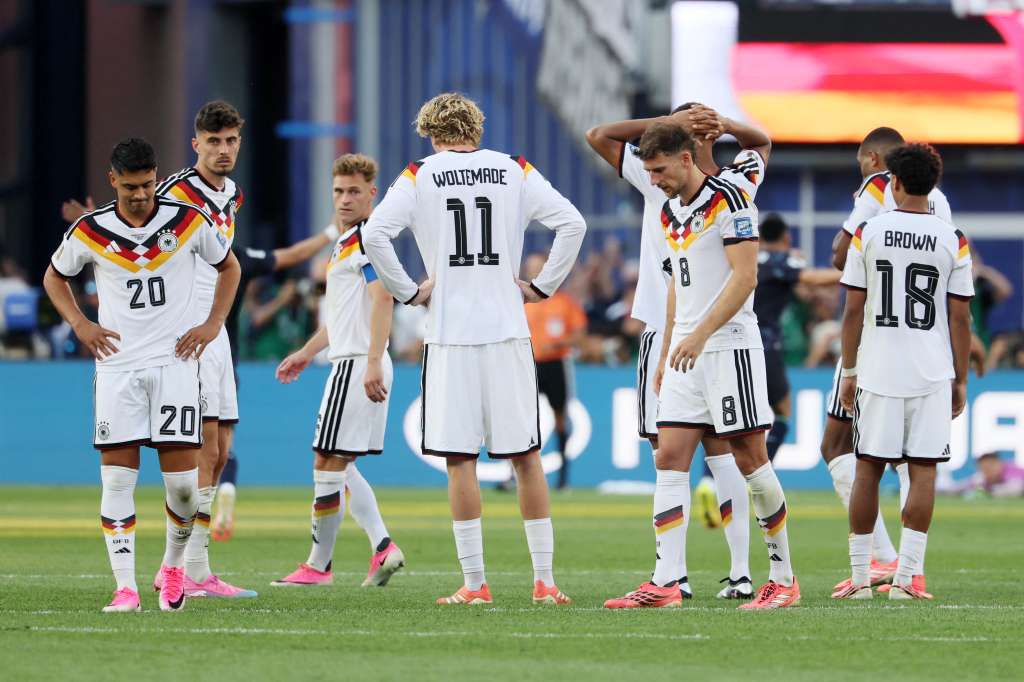 Germany's players react during the penalty shootout of the 2026 World Cup round of 32 football match between Germany and Paraguay at the Boston Stadium in Foxborough on June 29, 2026. (Photo by Odd ANDERSEN / AFP)