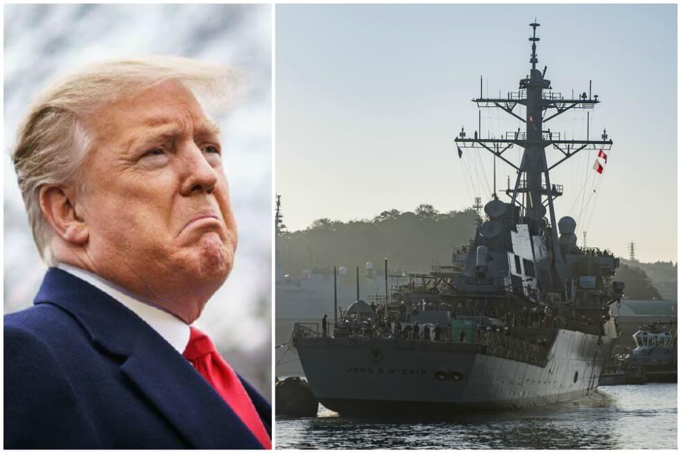 Donald Trump, presidente de Estados Unidos, y el buque USS McCain, bautizado en nombre del exlegislador republicano. / AFP