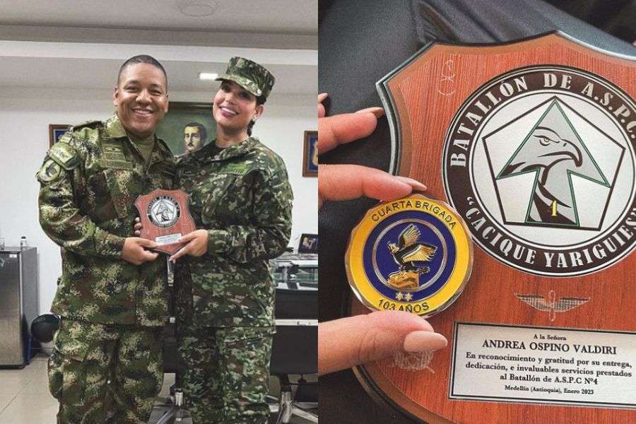 Andrea Valdiri recibió una placa honorífica por parte de la cuarta brigada del Ejército Nacional en Medellín.