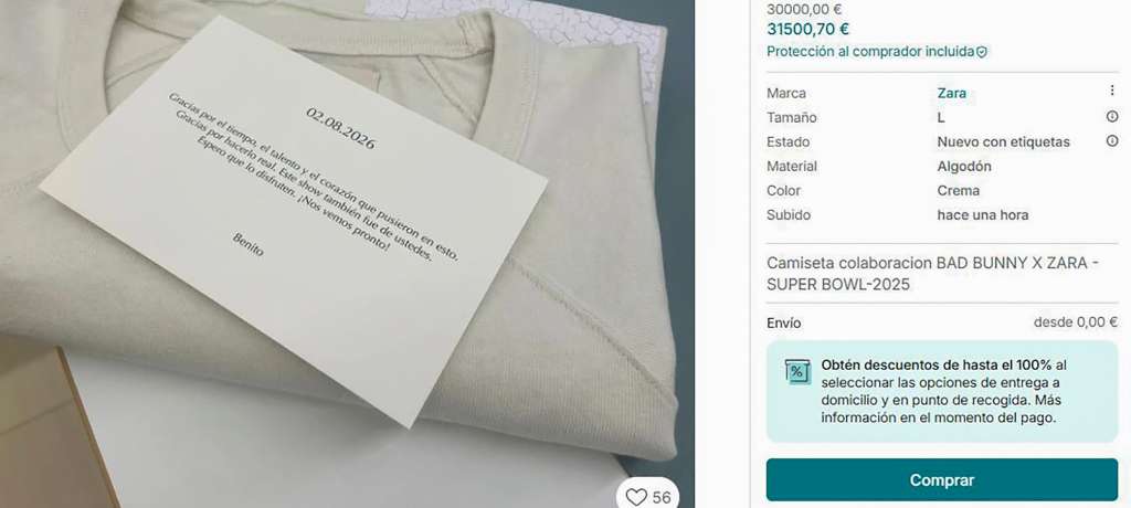 MADRID, 10/02/2026.-  Captura tomada de una plataforma de compraventa por Internet. Camisetas iguales a las que el cantante puertorriqueño Bad Bunny regaló este lunes a empleados de Zara, tras utilizarla en la Super Bowl, han salido a la venta, tarjeta de agradecimiento incluida, en plataformas por internet por precios que oscilan este martes entre los 490 euros (584 dólares) y los 30.000 euros (35.750 dólares). EFE/ Plataforma Compraventa por Internet  SOLO USO EDITORIAL/SOLO DISPONIBLE PARA ILUSTRAR LA NOTICIA QUE ACOMPAÑA (CRÉDITO OBLIGATORIO)
