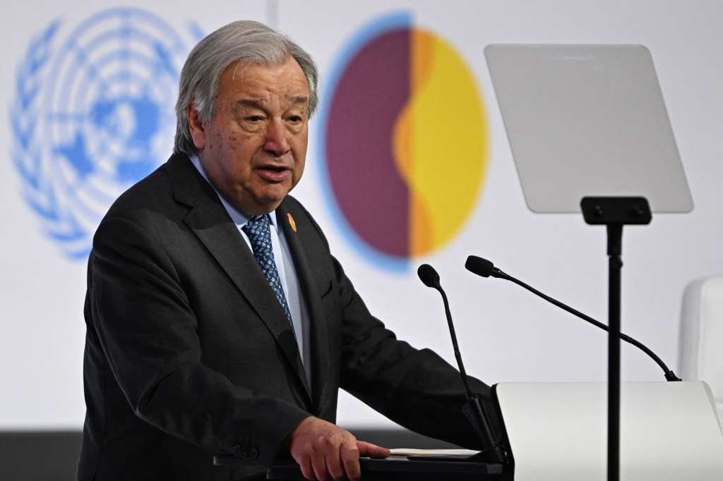 UN Secretary-General Antonio Guterres addresses the United Nations' Second World Summit for Social Development in Doha on November 4, 2025.