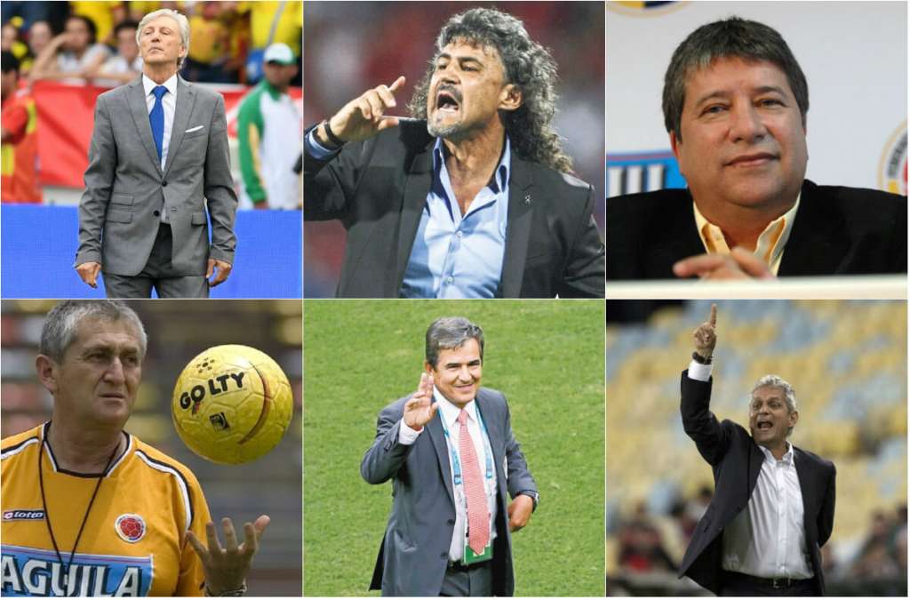 José Pékerman, Leonel Álvarez, Hernán Darío Gómez, Eduardo Lara, Reinaldo Rueda y Jorge Luis Pinto, técnicos de Colombia. / Archivo