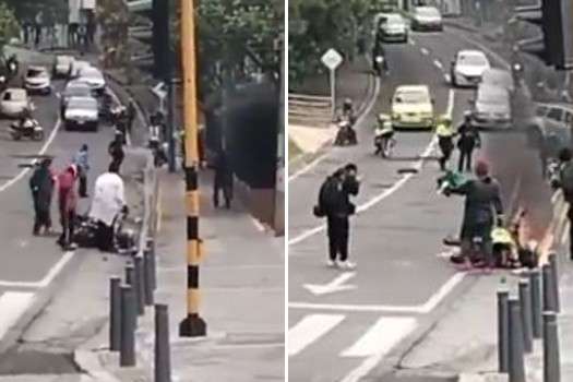 Tomas del momento en que incineran una moto de policía en inmediaciones de la U. Distrital.
