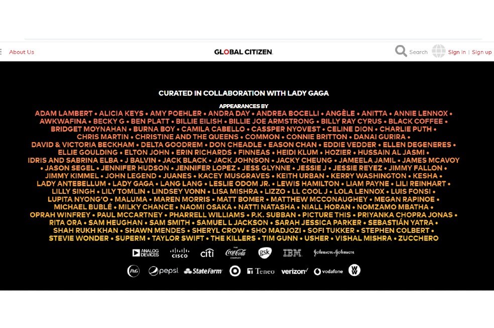 Este es el listado de todos los artistas que harán parte del concierto.  / Tomado de Global Citizen