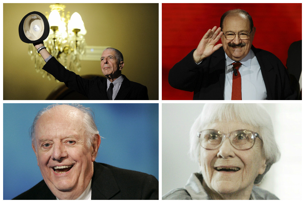 En orden: Leonard Cohen, Umberto Eco, Darío Fo y Harper Lee.