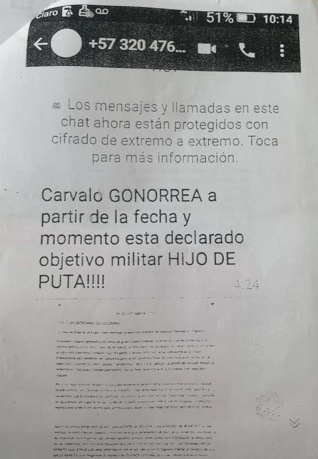 Imagen de la denuncia por amenaza puesta en la Fiscalía, por Leonel Carvahlo.