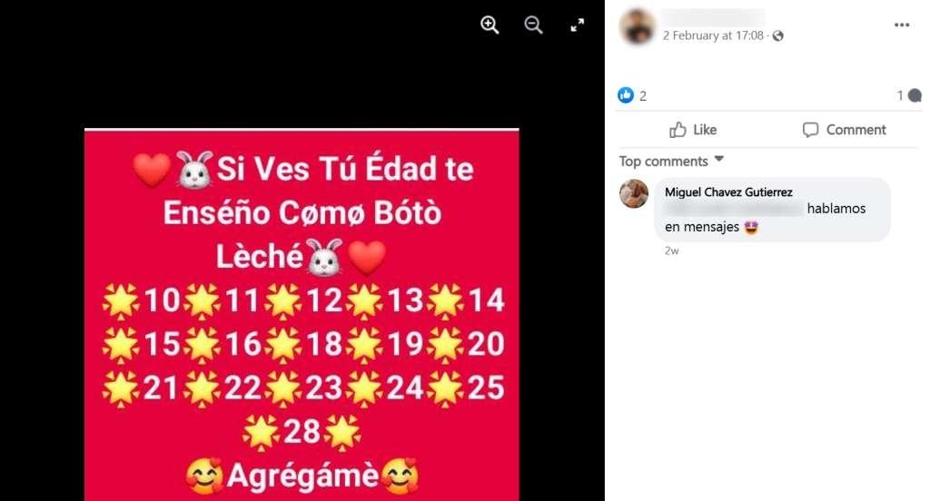 Captura de pantalla de uno de los retos más populares en grupos abiertos de Facebook para inducir a menores de edad a compartir o participar en contenidos sexuales explícitos.