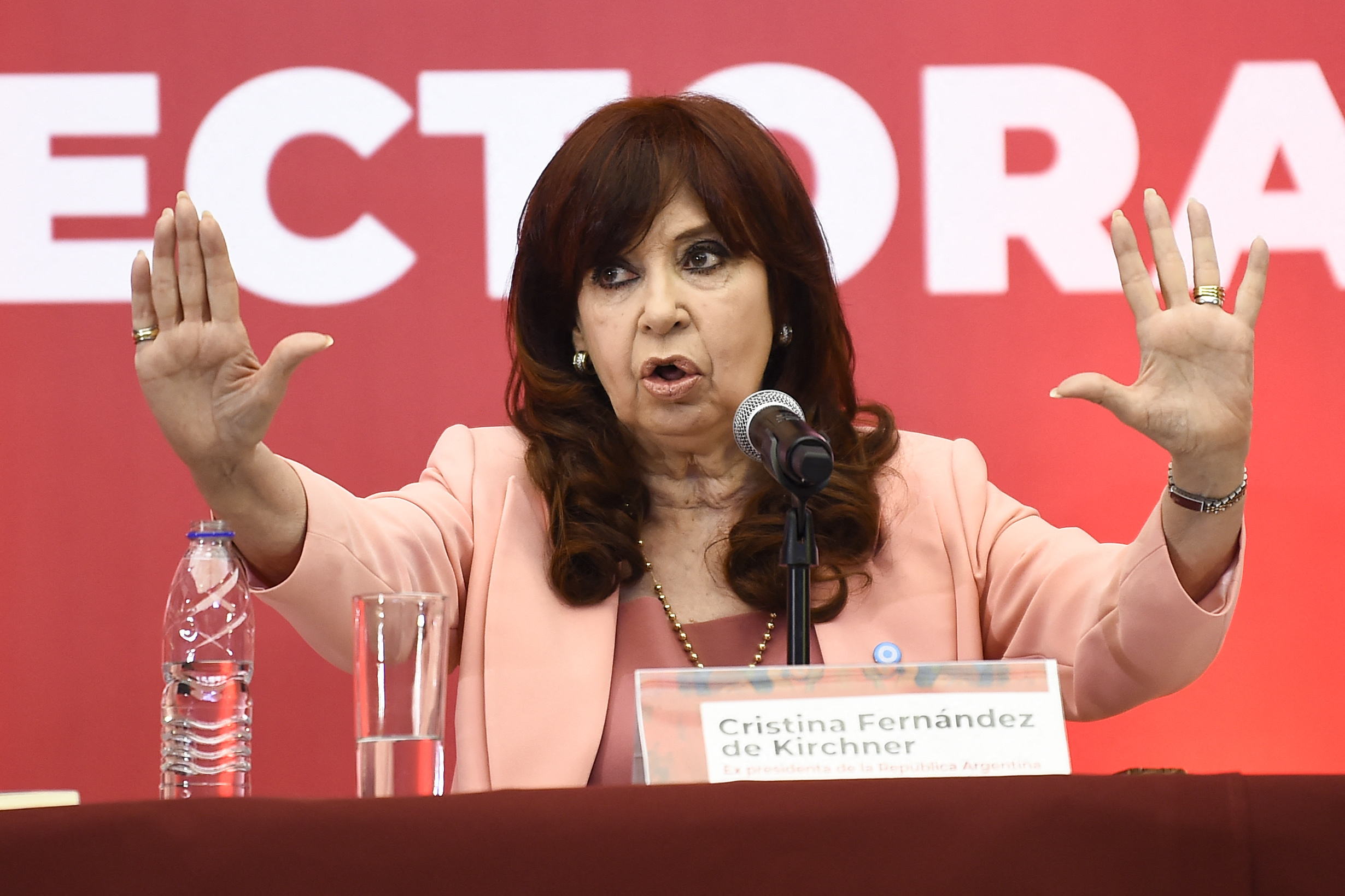 Former Argentine President Cristina Fernandez de Kirchner speaks during the Political and Electoral Reality in Latin America event at Centro Cultural del Mexico Contemporaneo in Mexico City on August 3, 2024. (Photo by Rodrigo Oropeza / AFP)
