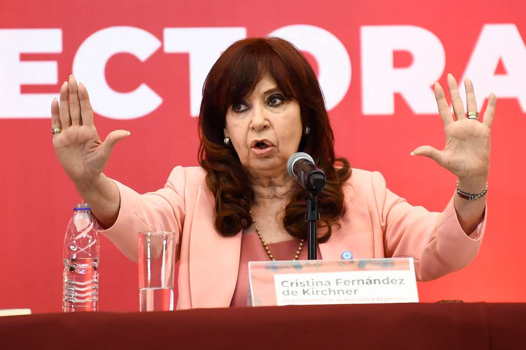 Former Argentine President Cristina Fernandez de Kirchner speaks during the Political and Electoral Reality in Latin America event at Centro Cultural del Mexico Contemporaneo in Mexico City on August 3, 2024. (Photo by Rodrigo Oropeza / AFP)