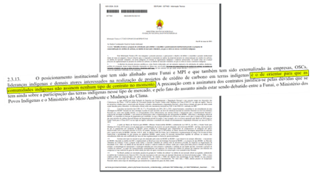 La recomendación de la FUNAI, emitida en mayo de 2023, desaconsejaba la firma de contratos para proyectos de carbono en tierras indígenas.