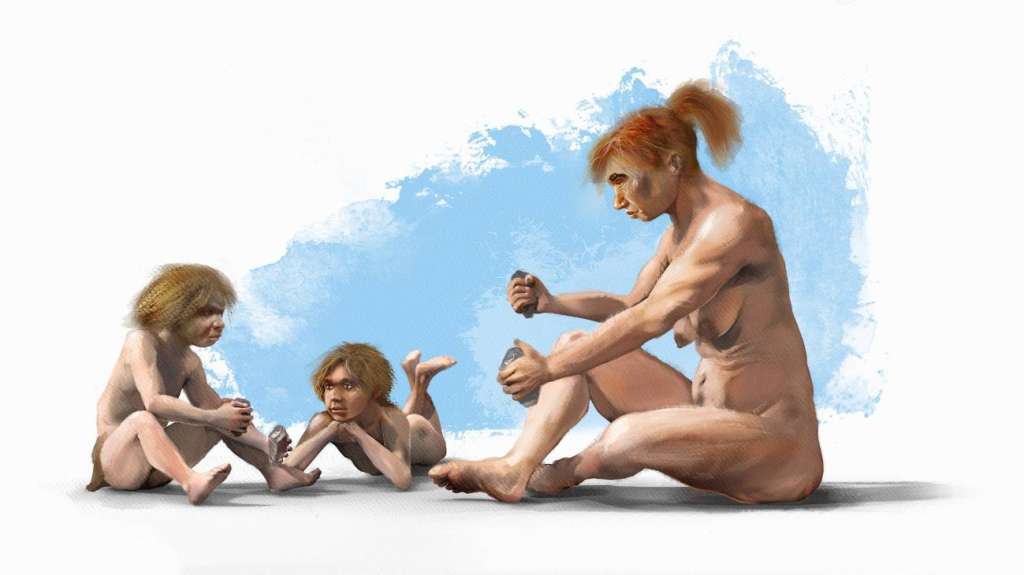 Una mujer neandertal enseñando a los niños de la comunidad a tallar. / J. A. Peñas, SINC