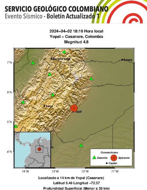 Reportan temblor de magnitud 4.8 en Yopal, Casanare