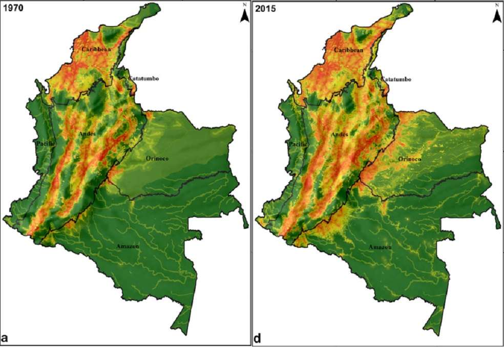 Índice de Huella humana para 1970 y 2015 en Colombia. El incremento más significativo en los valores altos índice se evidenció en la región Andina con un cambio del 3% a 6%.