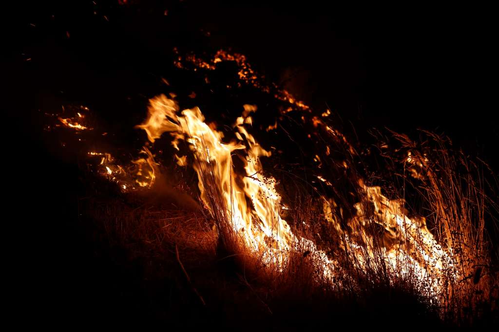 FOTODELDIA A POBRA DO BROLLÓN (LUGO), 26/08/2025.- Llamas en el incendio de Augasmestas, entre Pobra do Brollón y Quiroga Galicia tiene este martes tres incendios forestales activos, entre ellos el que se declaró el lunes en A Pobra do Brollón (Lugo), que obligó a activar la situación 2 por su cercanía con núcleos de población y que alcanza las 600 hectáreas. El último balance de Medio Rural recoge que el foco, que ha avanzado 500 hectáreas durante la noche, está próximo a los núcleos de Golmar, en A Pobra do Brollón, y a los de Conceado y San Pedro, en el municipio vecino de Quiroga. EFE/ Eliseo Trigo