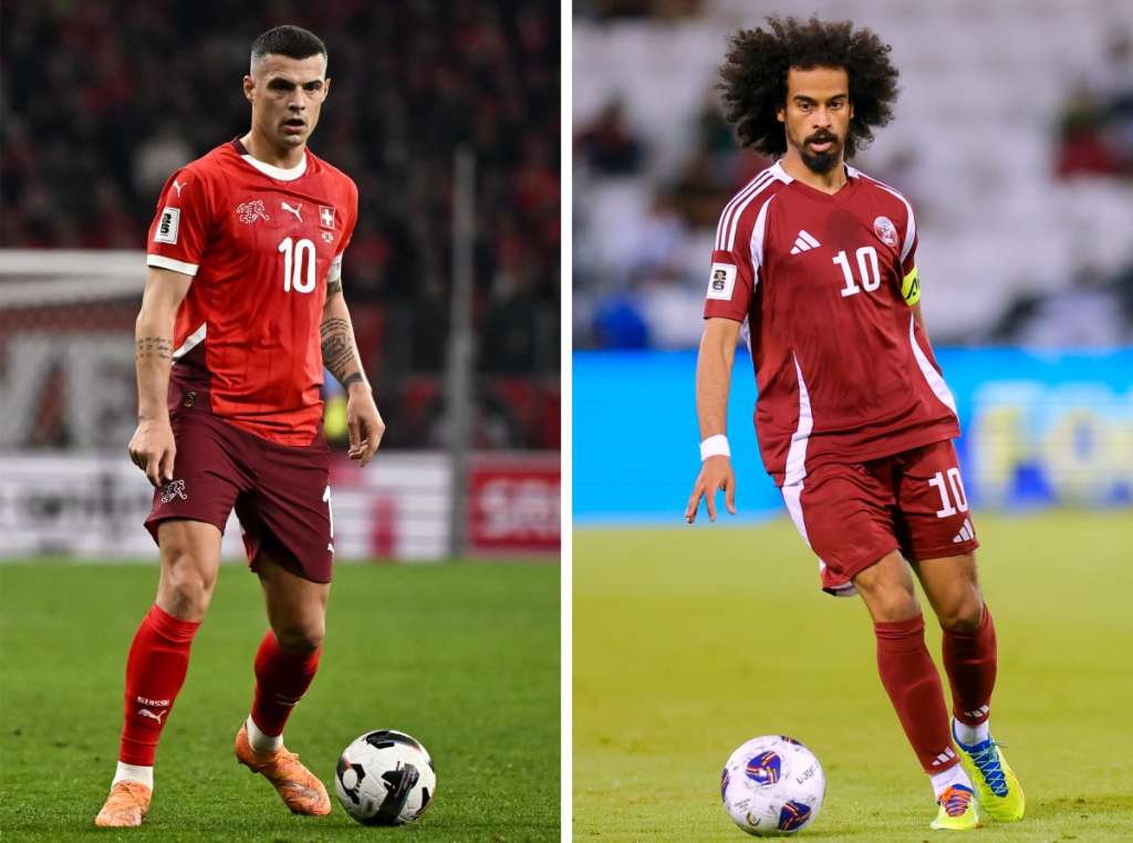 (COMBO) This combination of file photos created on June 12, 2026, shows Switzerland's midfielder #10 Granit Xhaka in Geneva, on November 15, 2025 (L); and Qatar's forward #10 Akram Afif in Doha on June 5, 2025.