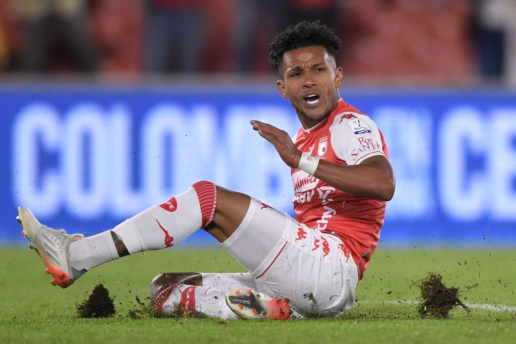 Futbolista colombiano, delantero de Santa Fe, en el partido ante América de Cali por la quinta fecha de la Liga Betplay 2022-II.