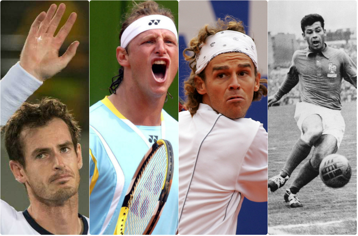 De izquierda a derecha: Andy Murray, David Nalbandian, Gustavo Kuerten y Just Funtain. / EFE y AFP