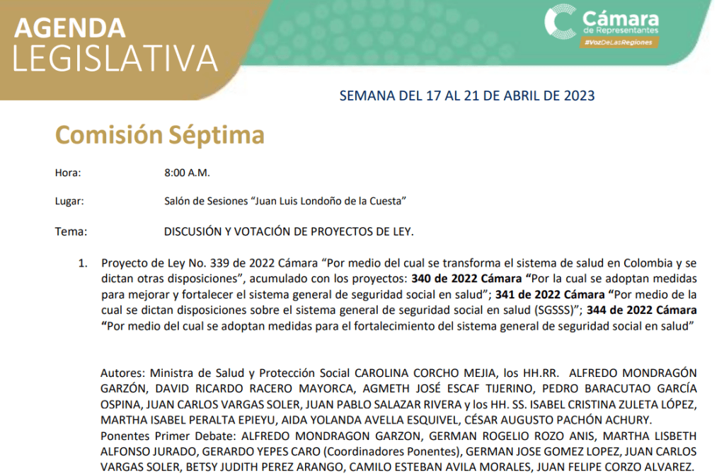 Los debates iniciarán el martes 18 de abril a las 8:00 am en la Comisión Séptima de la Cámara de Representantes.