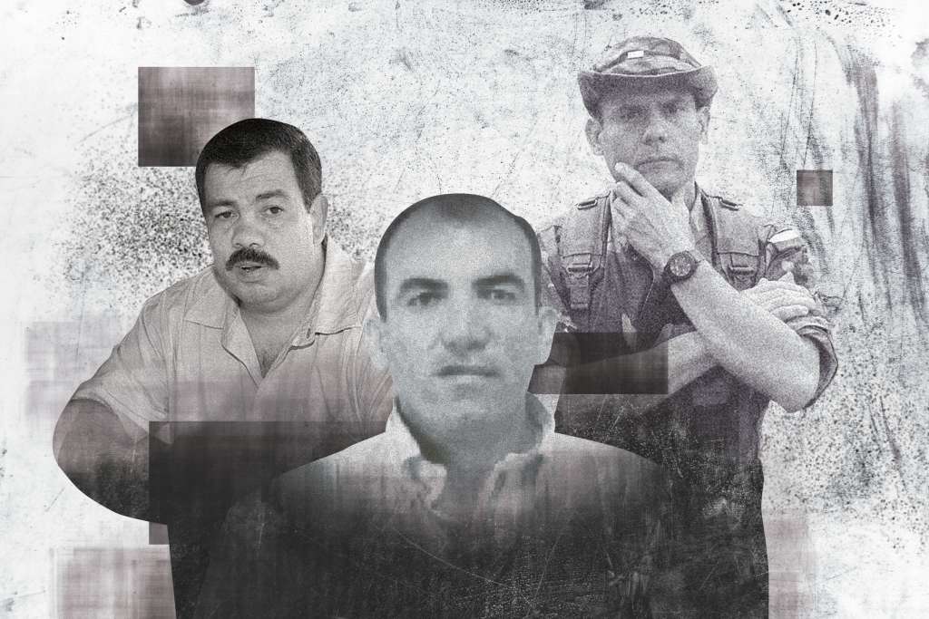Diego Murillo Bejarano, alias Don Berna; Carlos Mario Aguilar, alias Rogelio y Carlos Castaño, líder de las AUC./ Ilustración Eder Leandro Rodríguez.