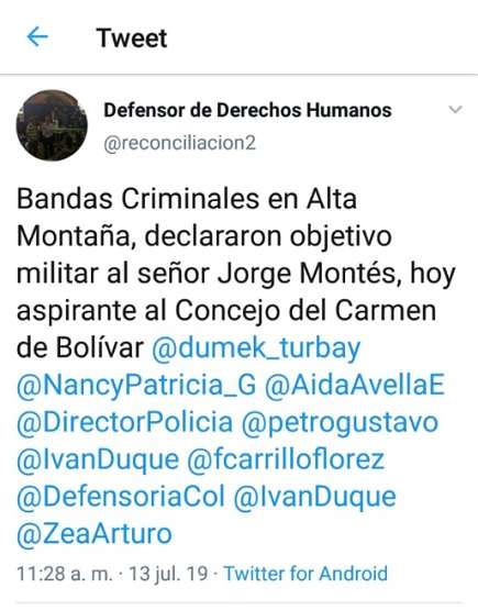 Asimismo, por el voz a voz del municipio, ha sabido de hombres armados que dicen pertenecer a las Autodefensas Gaitanistas de Colombia (AGC) haciendo presencia en la alta montaña de El Carmen de Bolívar y preguntando en varias ocasiones por él y su relación con la comunidad.
